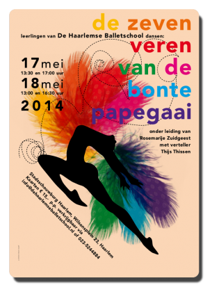 Poster van de voorstelling De zeven veren van de bonte papegaai